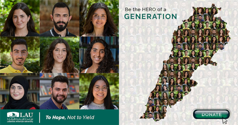 Emergency fund campaign poster showing a map of Lebanon made of a collage of student faces.